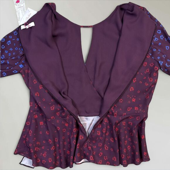 NWT Parker Cobalt Leopard Blouse Keyhole-Neck Long Sleeve Peplum Top Size Lrg - Picture 6 of 10